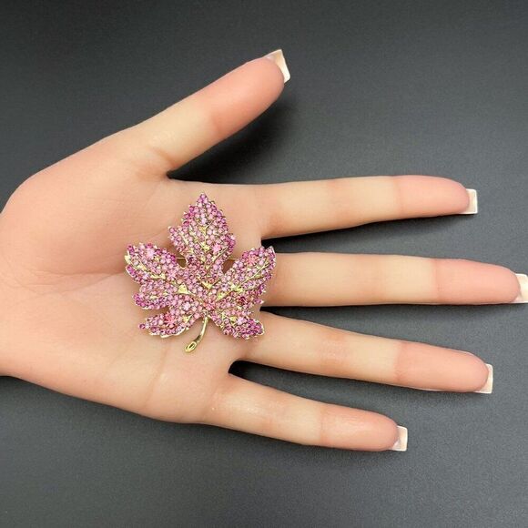 Yellow Gold with Pink Sapphire Crystal Single Maple Leaf Pin Back Brooch - Picture 8 of 8